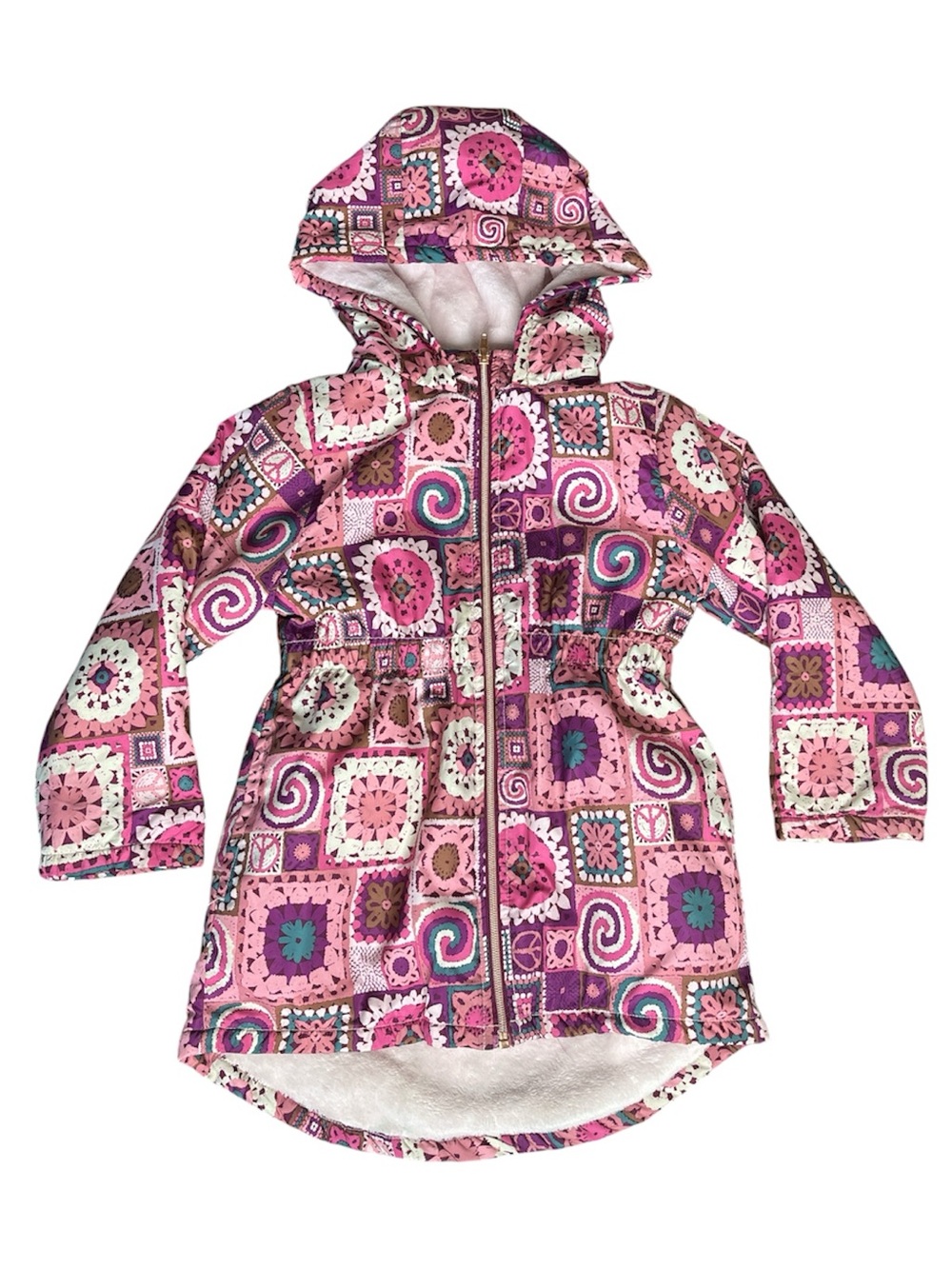 PENELOPE MACK Granny Square Print Patchwork Fleece Lined Hooded Jacket Pink 5Y